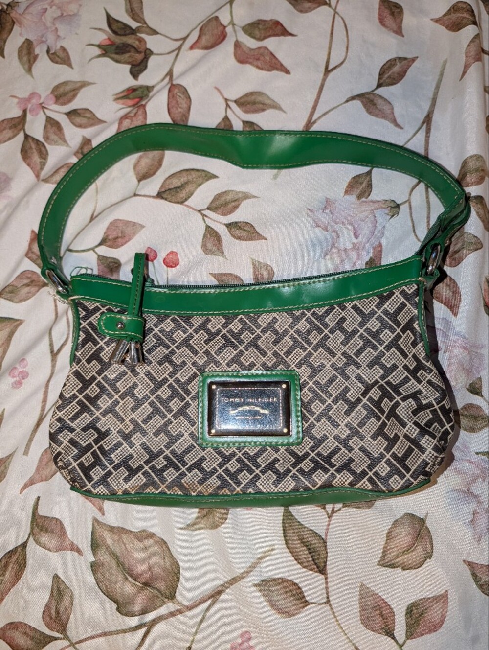 Tommy Hilfiger Green Trim Signature Canvas Hobo Bag